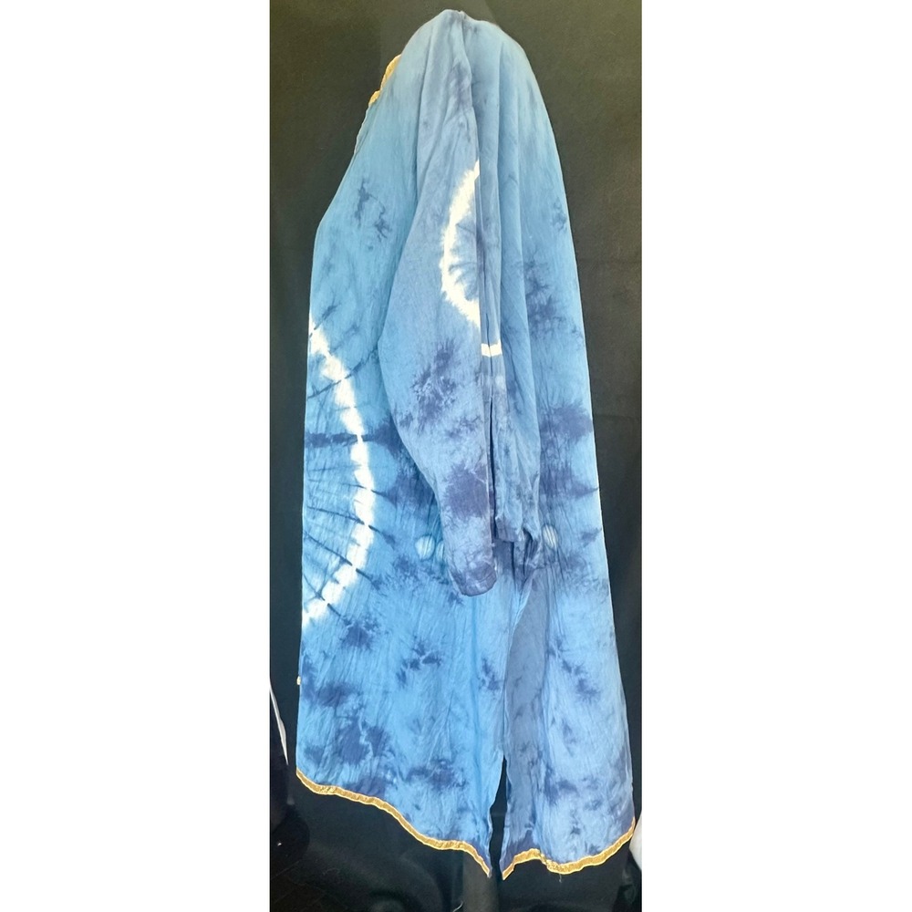 Bitter Apple Blue Tie Dye Cotton Kaftan Cover up Tunic Gold Trim Womens Large - Picture 3 of 7